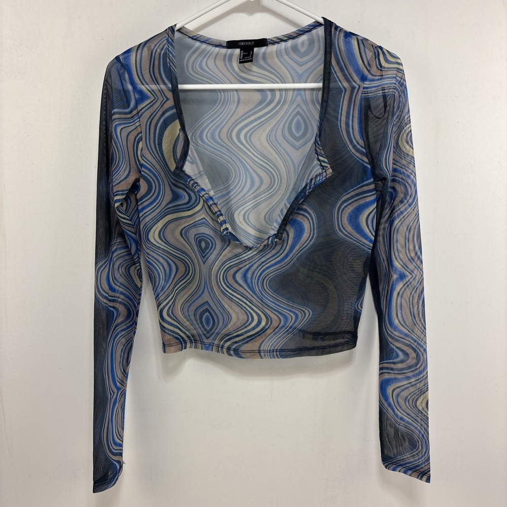 Forever 21 Womens L Marble Print Sheer Mesh Crop Top‎ Shirt Retro Y2K Inspired